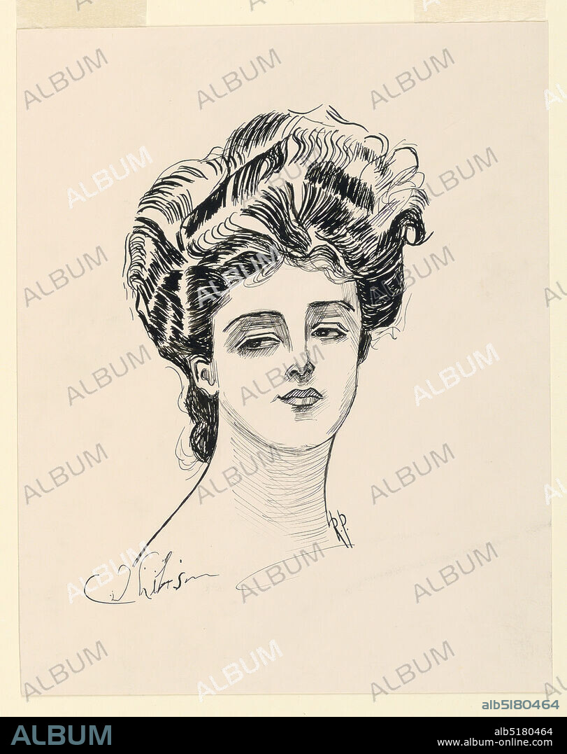 A Lady's Head, from Scribner's 'Eighty Drawings including the Weaker Sex', Charles Dana Gibson, American, 18671944, R. Ponton, Pen and black ink on glossy white board, Head of a young lady seen frontally, wearing her hair in the 'Gibson girl' manner. Illustrated used in Charles Dana Gibson, 'Eighty Drawings including the Weaker Sex,' New York, Scribner's, 1903., USA, ca. 1897, Drawing, Drawing.