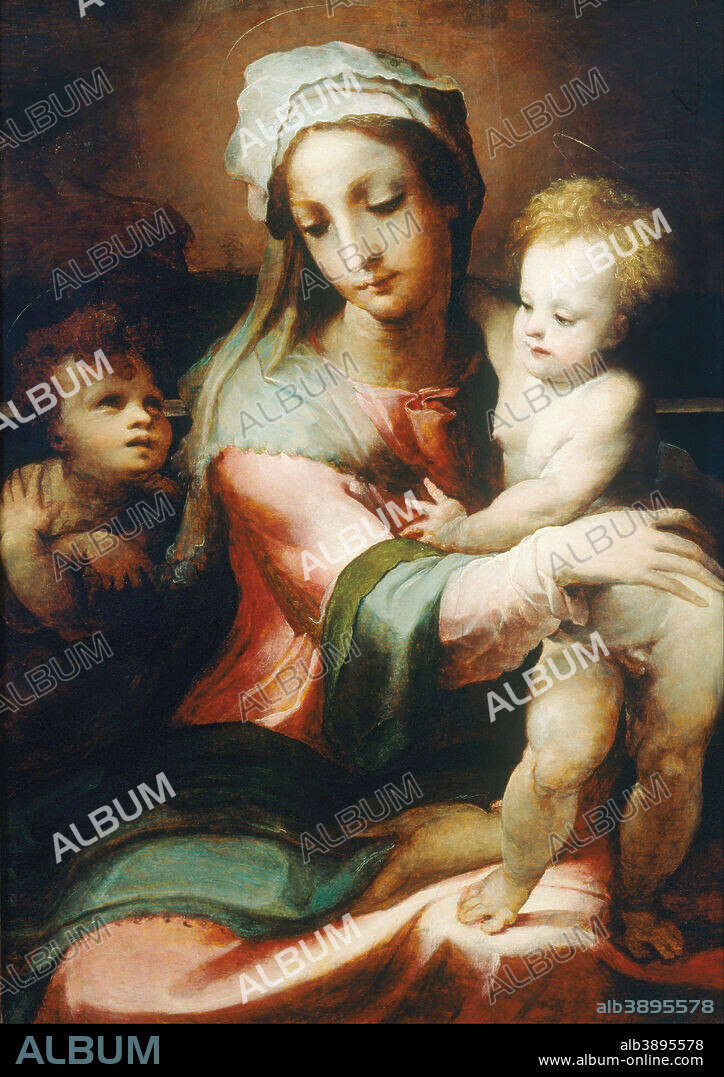 DOMENICO DI PACE BECCAFUMI. Madonna and child with infant John the Baptist. Date/Period: Ca. 1542. Painting. Oil on panel. Height: 92 cm (36.2 in); Width: 69 cm (27.1 in).