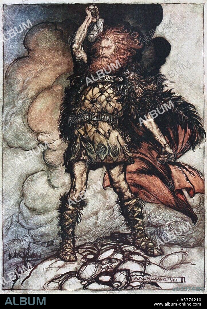 ARTHUR RACKHAM. Donner, your lord, summons his hosts! Illustration for "The Rhinegold and The Valkyrie" by Richard Wagner.