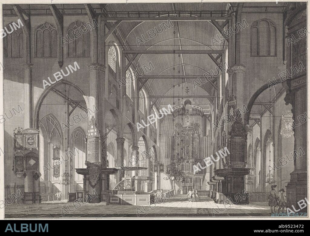 Interior of the Great or St. Laurens Church, Rotterdam, seen in the direction of the organ. Several figures stand in the church, Interior of the Great or Saint Lawrence Church, Rotterdam, seen in the direction of the organ., print maker: Jan Punt, intermediary draughtsman: Paulus van Liender, Amsterdam, in or before 1758, paper, etching, engraving, h 371 mm × w 455 mm.