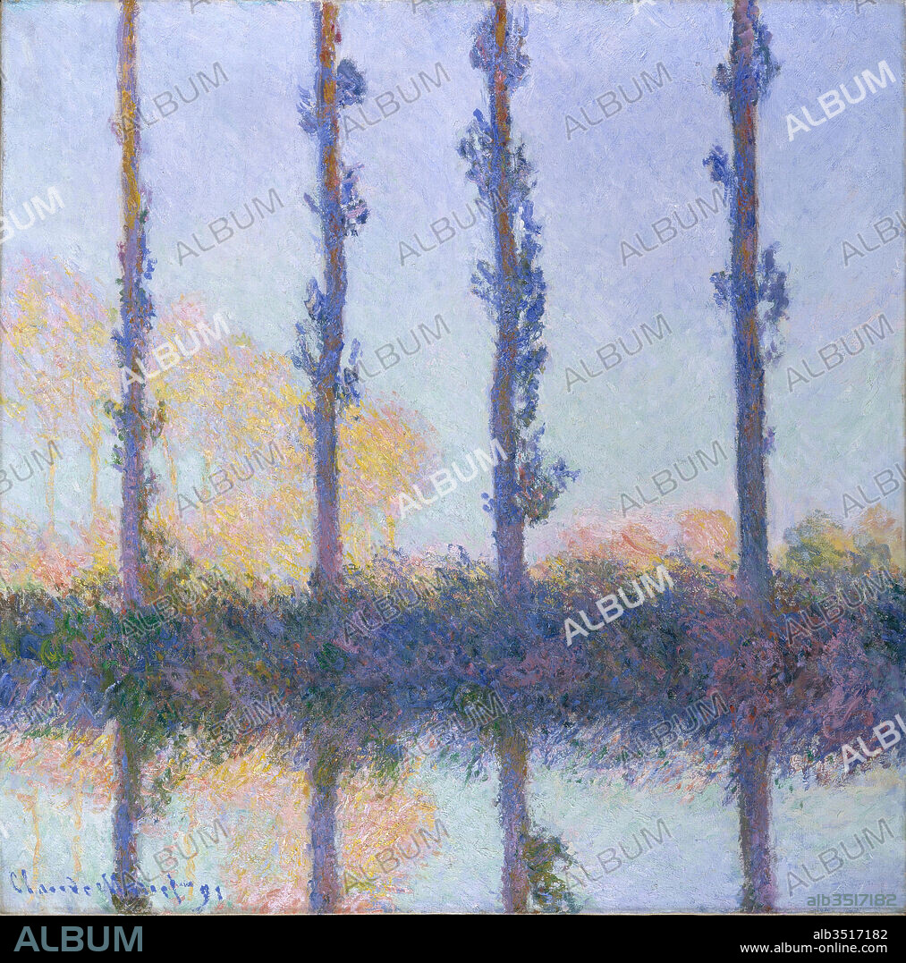 The Four Trees, 1891, Oil on canvas, 32 1/4 x 32 1/8 in. (81.9 x 81.6 cm), Paintings, Claude Monet (French, Paris 1840–1926 Giverny), During summer and fall 1891 Monet painted a series of views of poplars along the Epte River, at Giverny. Completion of the series was temporarily threatened when the village of Limetz, across the Epte from Giverny, decided to sell the trees at auction.