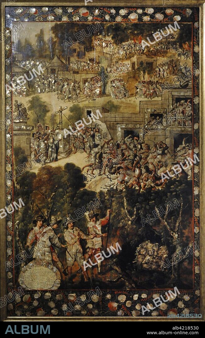 Título: Conquista de México. Autor: Anónimo. Tabla. Pintura al óleo, nácar. Enconchado. Forma parte de un conjunto de 6 tablas. Escenas de enfrentamientos entre conquistadores españoles y nativos, y escena del hallazgo del tesoro por parte de "cuatro españoles". 1676-1700. Escuela Mexicana. Virreinato de la Nueva España. México. América del Norte. Museo de América. Madrid. España.