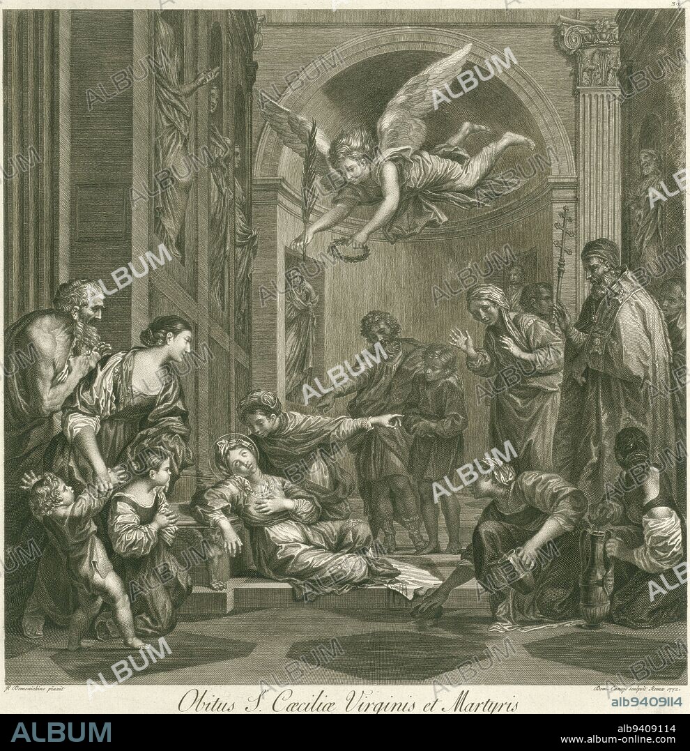 Saint Cecilia, with three wounds in her neck, lies dying on the ground in a church. She is surrounded by men and women watching. Above her head hovers an angel with a laurel wreath and a palm branch. On the right stands a bishop, Death of Saint Cecilia Obitus S. Caeciliae Virginis et Martyris, Italian painting (series title) Schola Italica Picturae (series title)., print maker: Domenico Cunego, (mentioned on object), Domenichino, (mentioned on object), Rome, 1772, paper, engraving, h 420 mm × w 398 mm.