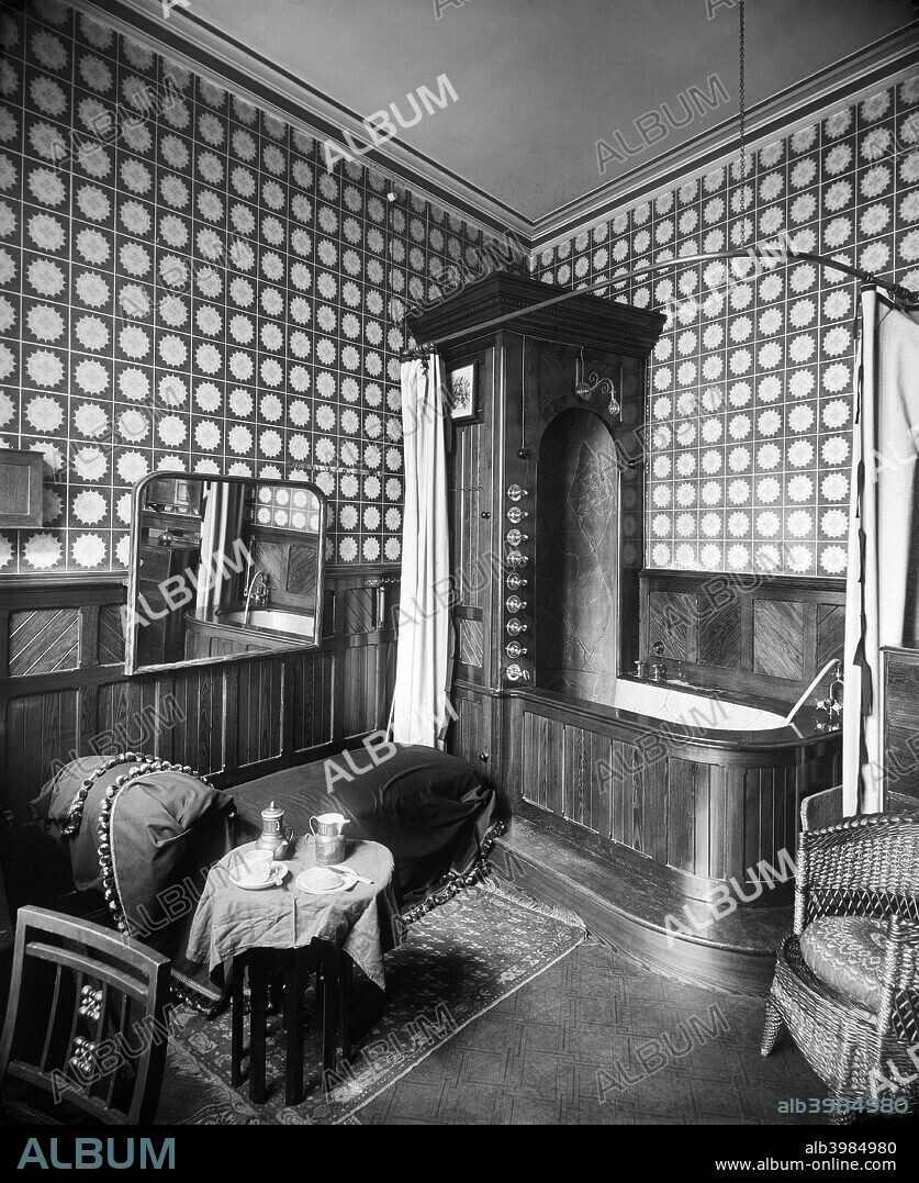 Victorian bathroom interior, 28 Ashley Place, Westminster, London, 1893. Bathroom with interior design by H and J Cooper. The image was commissioned by the lady of the house.