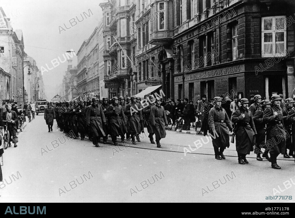German soldiers marching in Copenhagen. Divisions of German soldiers parade through the streets of Copenhagen on the birthday of Adolf Hitler. Copenhagen, 21st April 1940.