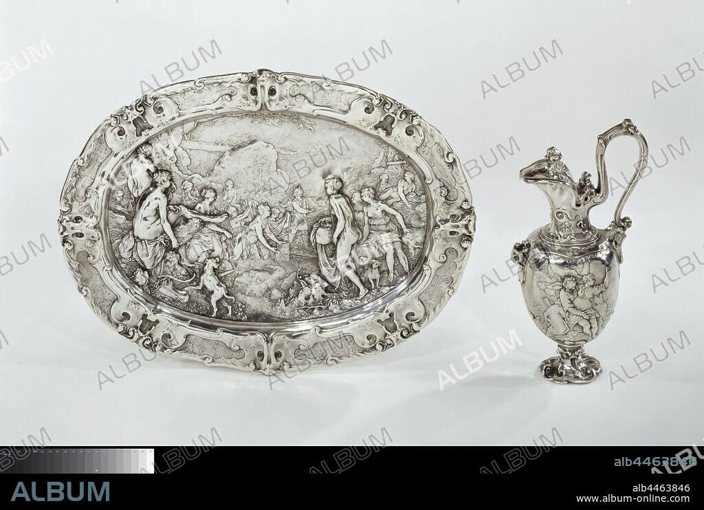 Ewer with Scenes from the Story of Diana, Ewer with scenes from the story of Diana and Callisto, Lamp jug with scenes from the history of Diana and Callisto, Lamp jug made of driven silver. The jug made from lobe ornaments rests on an asymmetrical base. On the belly the depictions of Jupiter and Calisto and Calisto punished by Juno, Jupiter, in the guise of Diana, and Callisto, auricular ornament, lobe style, ornament, Paulus Willemsz. van Vianen, Praag, 1613, silver (metal), h 33.0 cm × w 15.0 cm × d 8.0 cm × w 907 gr.