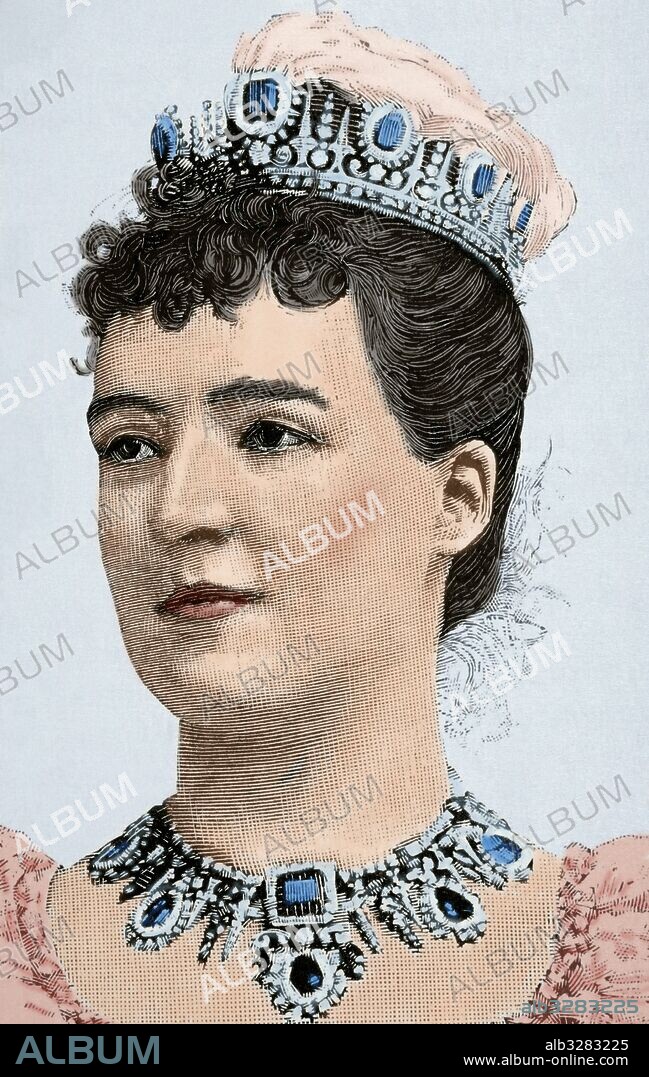 AMELIA DE ORLEANS (1865-1951). Princesa francesa y última reina consorte de Portugal. Esposa de Carlos I. Casa de Borbon-Orleans. Retrato. Grabado coloreado. Siglo XIX.