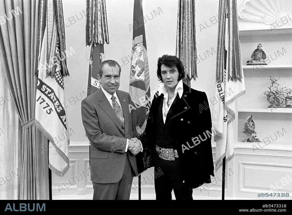 Elvis Presley met President Richard Nixon in the Oval Office of The White House on December 21, 1970. The Nixon Library & Birthplace sells a number of souvenir items with this photo and the caption, 'The President & the King'.