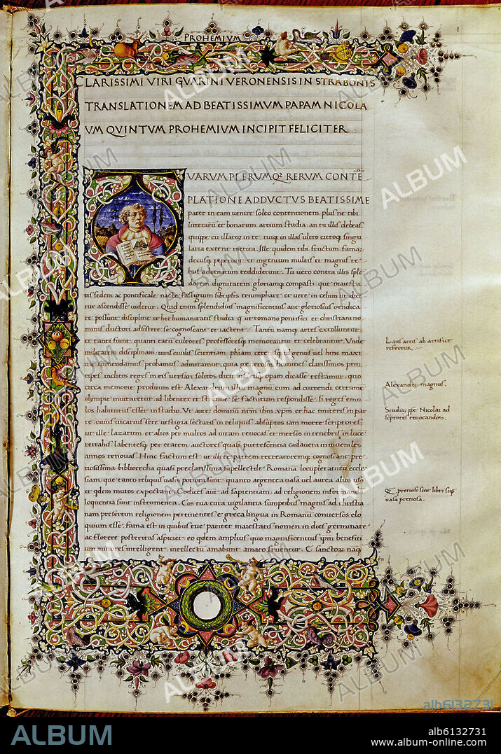 ESTRABON. MSR-1-PREOHEMIUM-CODICE CON INICIAL DONDE APARECE ESTABON.FOL1-1456-GEOGRAFO GRIEGO.