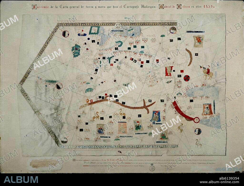 GABRIEL DE VALLSECA. MAPA DEL MUNDO CONOCIDO EN 1439 - CARTA NAUTICA DEL MEDITERRANEO - FACSIMIL- SIGLO XV CARTOGRAFIA.
