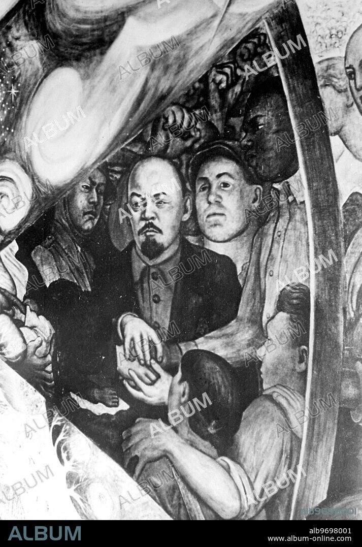 Mural showing Lenin joining the hands of a soldier and white and coloured worker painted by Senor Diego Rivera, the Mexican artyist, has lead to his dismissal from the further work at the Grest Rockefeller Centre in New York. because of Communist leanings. 17 May 1933.