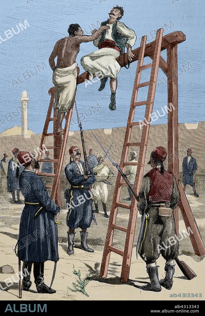 Cuestión de Oriente. Imperio Otomano. Con el debilitamiento del Imperio Turco empiezan los movimientos nacionalistas en la zona de los Balcanes. En Bulgaria se vive el levantamiento de abril de 1876 con una fuerte represión por parte de las autoridades turcas. Ejecución de insurrectos búlgaros en Widdin (actual Bulgaria). Grabado. La Ilustración Española y Americana, 22 de agosto de 1876. Coloreado.