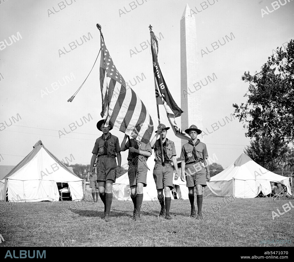 Boy Scouts Color Guard holding flags at the Boy Scout Jamboree in Washington D.C. circa 1937.