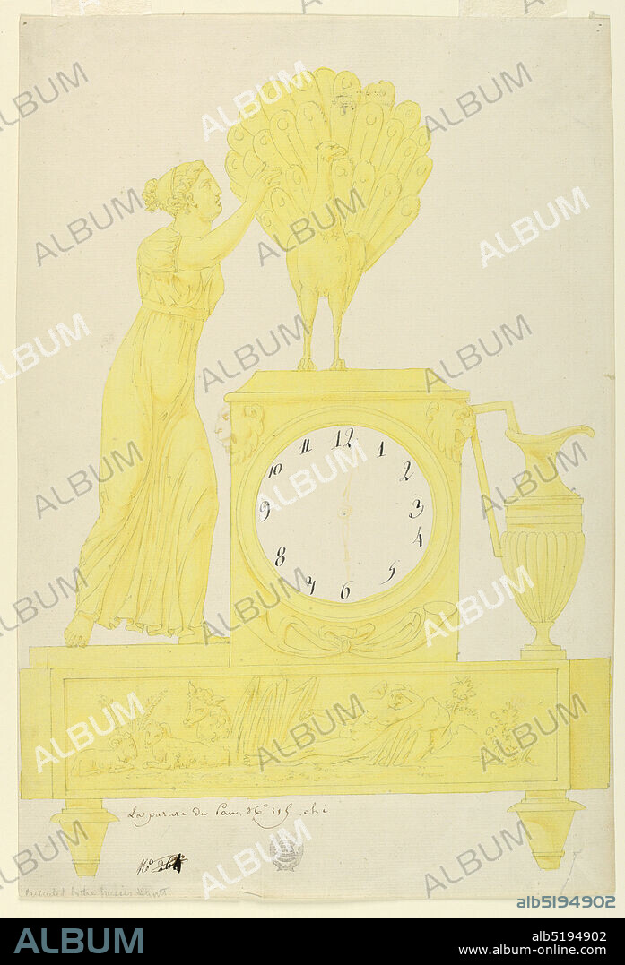 Design for Clock, Lefebvre Manufactory, Tournai, Graphite, pen and black ink, brush and yellow, red watercolor on white laid paper, Octagonal base supported by tapered feet. Front panel shows a relief of Hermes as shepherd, sleeping. Ram at left. Above, on dial, a peacock. A standing woman in profile at left. A pitcher at right., Inscriptions:, Below left, pen and brown ink: da pauvre du [o] m. No. 115 ehi / No. 261 (?) [crossed out], Below center: Cooper Union stamp #457D, Belgium, 18001825, timepieces & measuring devices, Drawing, Drawing.