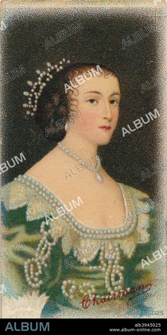Henrietta Maria of France (1609-1669), was the queen consort of King Charles I. They were married in 1625. She was the mother of King Charles' two immediate successors, Charles II and James II. Taken from R. J. Lea, Ltd's first series of Chairman Miniature cigarette cards, 1912.