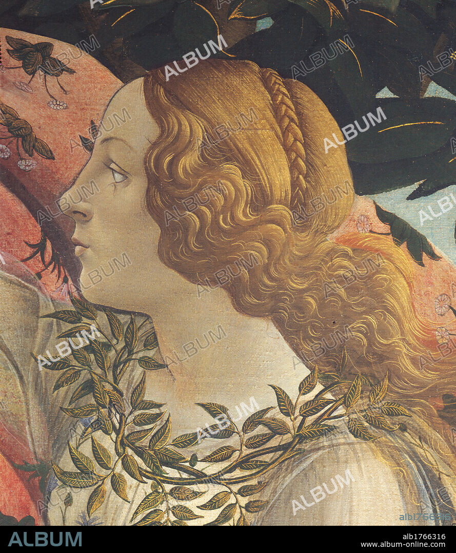 The Birth of Venus, by Sandro Filipepi Known as Botticelli, 1484-1485 about, 15th Century, tempera on canvas, cm 184,5 x 285,5. Italy, Tuscany, Florence, Uffizi Gallery. Detail. The face of the servant side on, with ginger hair and a fine transparent blouse and entwined branches around her neck. She bears the pink cloak with floral motif for Venus. Behind is tree foliage. Authorization required for non editorial use.