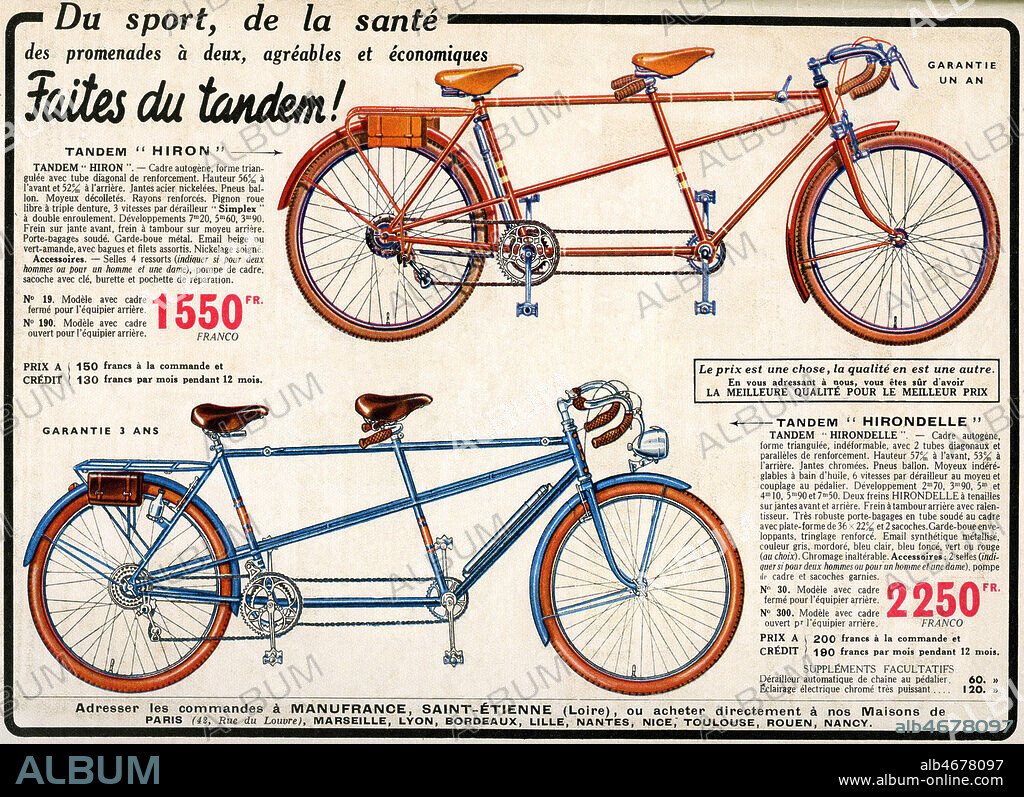 Du sport, de la sante. Faites du tandem ! Publicite de 1939 pour les bicyclettes Manufrance. Manufacture d'armes et cycles de St Etienne , Annees 30, tourisme et loisirs Credit : Coll. Jonas/KHARBINE-TAPABOR.