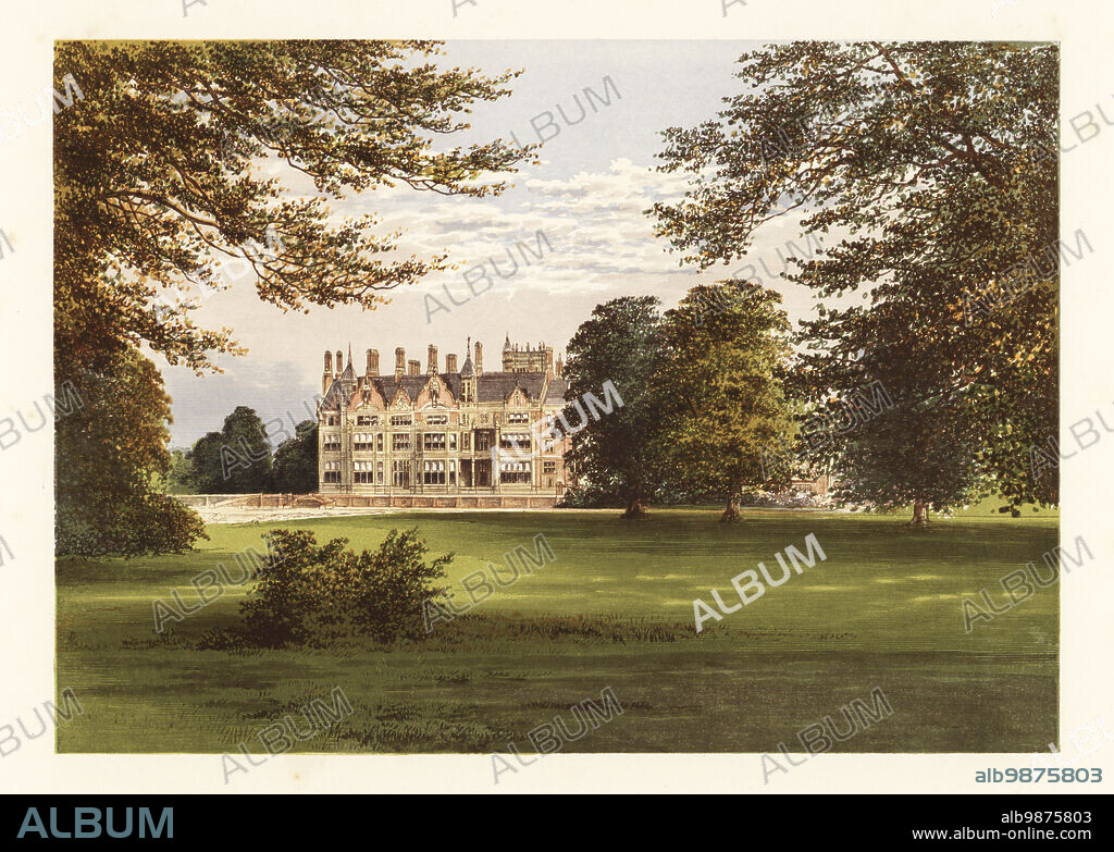 Bearwood, Berkshire, England. Elizabethan-style house built by architect Robert Kerr in 1865 for coal merchant John Walter. Colour woodblock by Benjamin Fawcett in the Baxter process of an illustration by Alexander Francis Lydon from Reverend Francis Orpen Morriss Picturesque Views of the Seats of Noblemen and Gentlemen of Great Britain and Ireland, William Mackenzie, London, 1880.