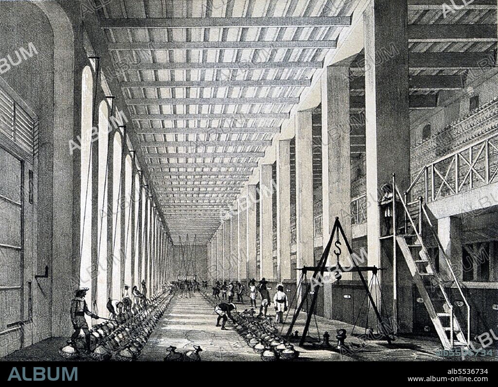 In the 'Examining Hall' of the opium factory, 'the consistency of the crude opium as brought from the country in earthen pans is simply tested, either by the touch, or by thrusting a scoop into the mass. A sample from each pot (the pots being numbered and labelled) is further examined for consistency and purity in the chemical test room'.