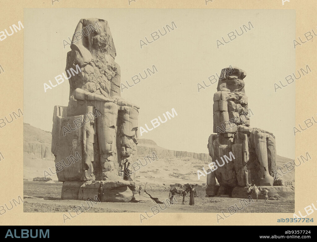 Colossi of Memnon, E 87. The Colossi at Thebes (1700 B.C.) Upper Egypt. (title on object), The photograph is part of the series of photographs from Egypt collected by Richard Polak., anonymous, Egypte, c. 1895 - c. 1915, photographic support, paper, albumen print, height 219 mm × width 278 mmheight 466 mm × width 555 mm.