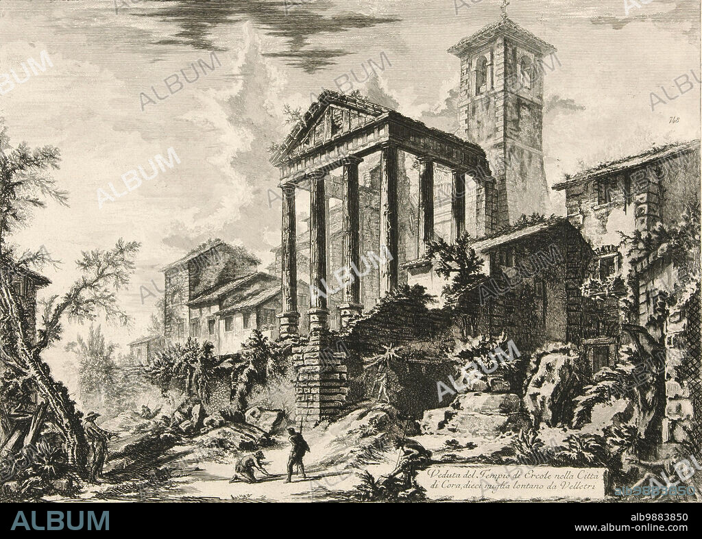 Antikes Rom, Tempio di Ercole nella Citta di Cora, Der Herkulestempel wurde wahrend der Diktatur Sullas zwischen 89 v. Chr. und 80 v. Chr. auf dem Gipfel des Hugels, auf dem sich die Stadt Cora in 398 m Hohe erhoben hatte, auf Veranlassung zweier lokaler Magistrate errichtet, deren Namen auf dem Tursturz eingraviert sind. Der Tempel verdankt seinen Erhaltungszustand seiner Umwandlung in eine Kirche: Die Kirche St. Peter, die 1944 durch die Bombardierung der Alliierten zerstort wurde, befand sich im Inneren der Cella, 1770, Italien, Historisch, digital restaurierte Reproduktion von einer Vorlage aus der damaligen Zeit.