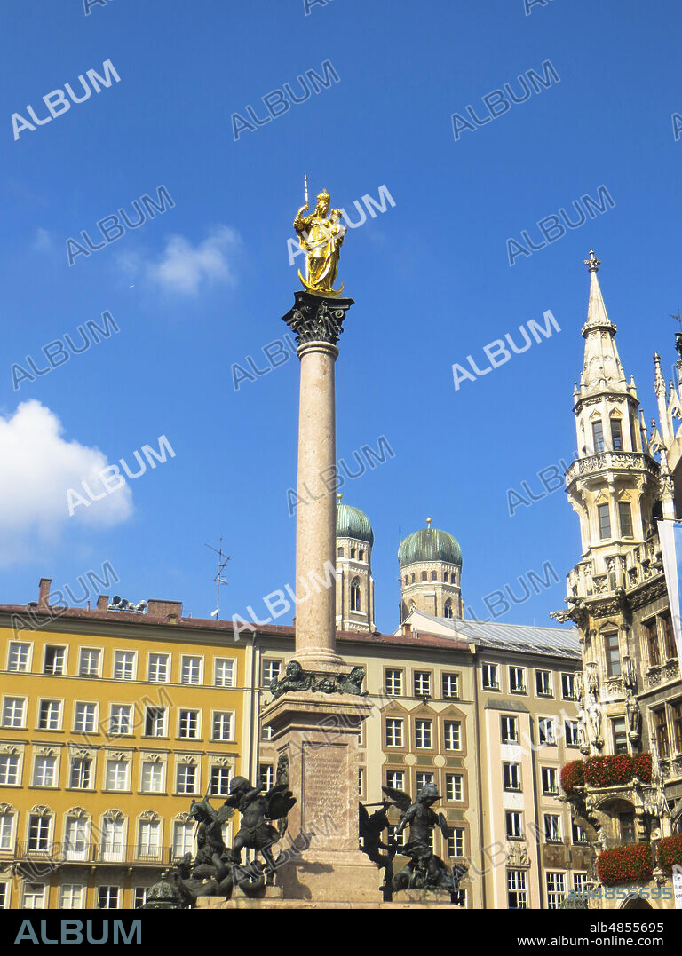 Munchen, Bavaria, Germany.The Mariensäule (or Column of the Madonna) on the Marienplatz is a statue depicting the Madonna (venerated as Patroness of Bavaria) with the child Jesus with crown and scepter in hand, standing on a crescent moon, all on a red marble column. The column was erected in 1638, after the Thirty Years' War. The golden statue of the Virgin dates back to 1590, and is the work of Hubert Gerhard.
