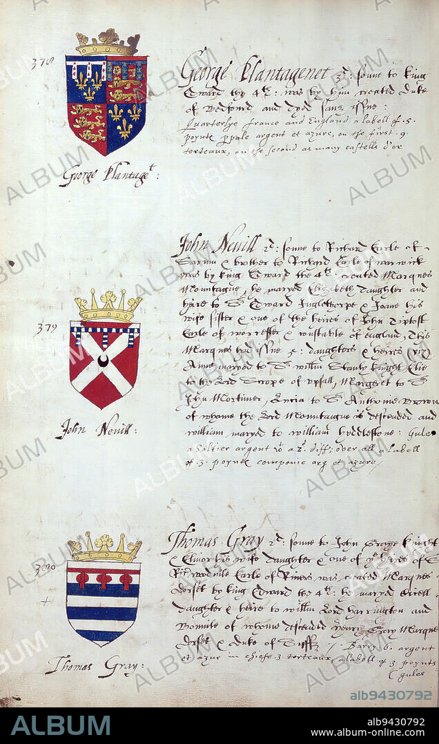 Book of English heraldry, Arms of George Plantagenet, John Nevill, and Thomas Gray, This book of English heraldry was completed ca. 1589. The manuscript belonged to the Spencer family, as known through inscriptions on the first few flyleaves, including the motto 'Dieu defende Le Droit' (God defends the right). This motto has long been associated with the Spencer family of England, which is the family line of Princess Diana, as well as the Spencers who were among the founders of Virginia. The Spencer family's heraldry is included in the manuscript, along with the coats of arms of numerous prominent British families, including the Hasting, Gray, Beuford, and Percye families.