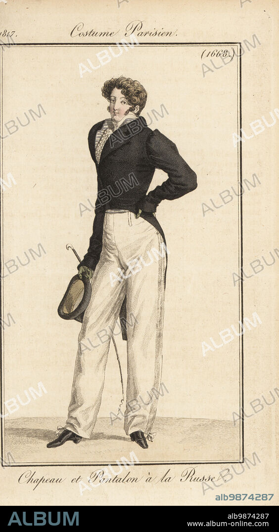 French dandy in black tailcoat, Russian trousers with ties, holding a Russian hat and riding crop. Chapeau et Pantalon a la Russe. Handcoloured copperplate engraving by Pierre-Charles Baquoy after a fashion plate by Horace Vernet from Pierre de la Mesangeres Journal des Dames et des Modes, Magazine of Women and Fashion, Paris, 1817.
