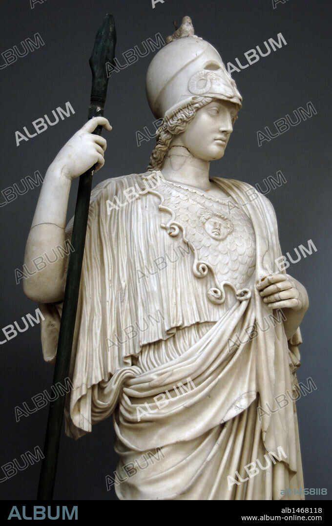 The Athena Giustiniani or Giustiniani Minerva. Parian marble. Antonine Roman copy of a Greek statue of Pallas Athena. 2nd century. Detail. Braccio Nuovo. Chiaramonti Museum. Vatican Museums. Vatican City.