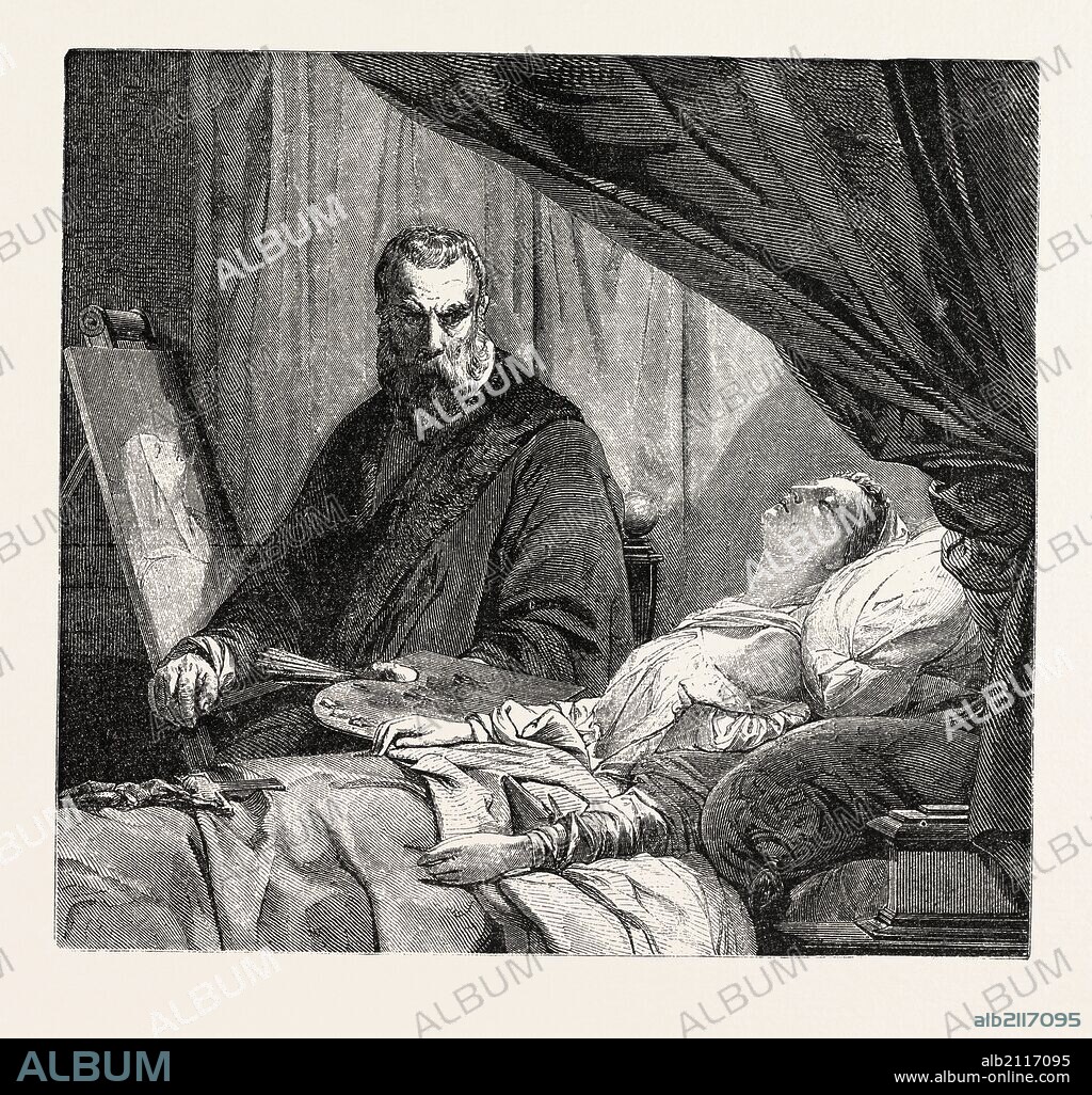 Salon 1855. Tintoretto and his daughter. Painting by m. Leon Cogniet. engraving 1855.
