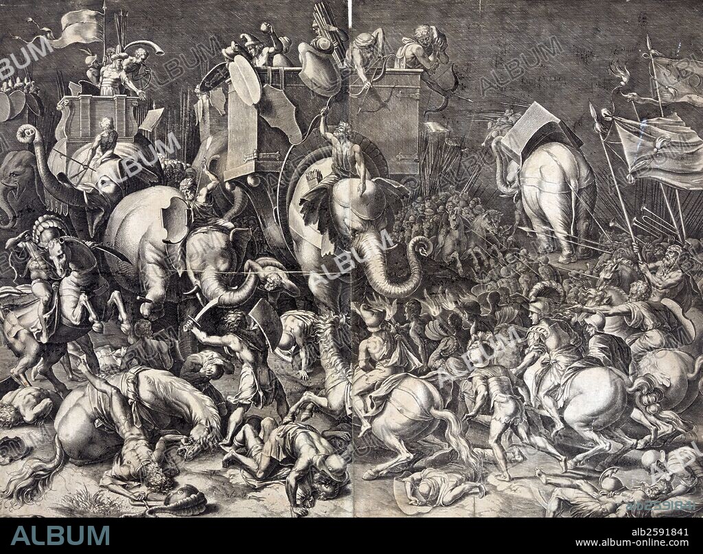 Print showing Scipio Africanus on horseback with Roman soldiers engaging Hannibal, riding a war elephant, during the battle of Zama, 202 B.C. Engraving after painting by Cornelis Cort.