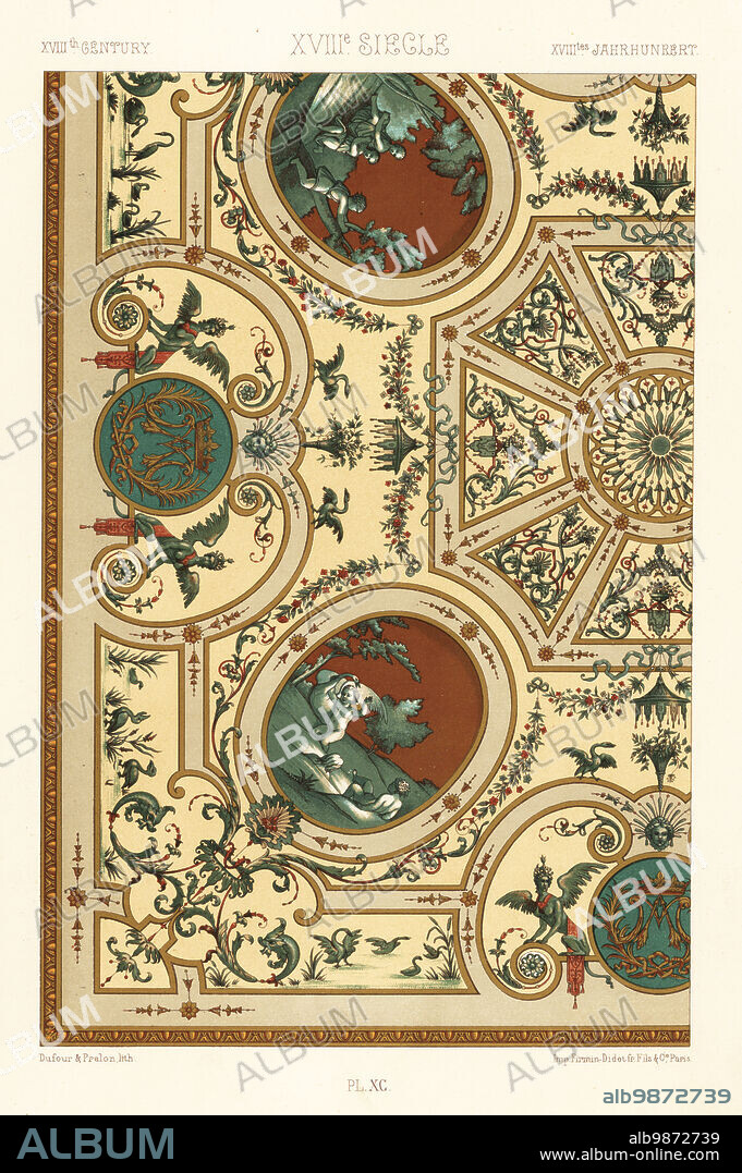 Decorative painting, 18th century. Ceiling painted in camaieu in the bathroom of a house in Versailles with the initials of Madame Louise de la Valliere, mistress to King Louis XIV. XVIIIme Siecle. Hand-finished chromolithograph by Dufour & Pralon from Albert-Charles-Auguste Racinets LOrnement Polychrome, (Polychromatic Ornament), Firmin-Didot, Paris, 1869-73.