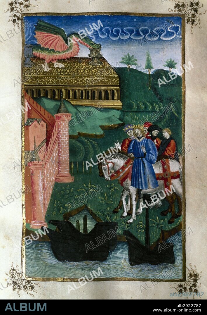 LITERATURA LATINA. SIGLO I. VIRGILIO MARON, Publio (70 a. C. -19 d. C.). "ENEIDA" (obra inacabada y póstuma). LIBRO VI. Miniatura del folio145 r de un manuscrito del siglo XV. En Cumas Eneas consulta a la sibila que le aconseje que visite el Averno. Así lo hace y tiene la posibilidad de hablar con los muertos quienes le mostrarán la historia de Roma. Biblioteca Histórica de la Universidad de Valencia. España.