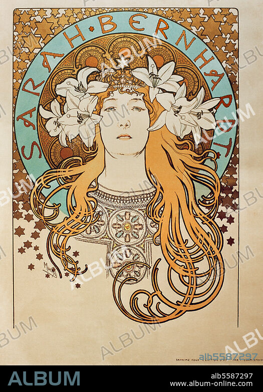 Bernhardt, Sarah ; comédienne et artiste française ; Paris. 22.10.1844 - 26.3.1923. "Sarah Bernhardt". Affiche, 1896, d'Alphonse Mucha (1860-1939). Lithographie aquarellée, H. 0,625 ; L. 0,405. Imp. : F. Champenois. Collection Victor Arwas.