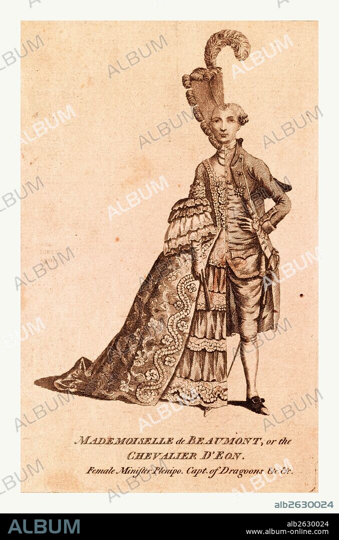 Mademoiselle de Beaumont or The Chevalier D'Eon, England, 1777, D'Eon (W.L.) dressed half as a woman, half as a man. On his right side he wears a lady's full dress, his hair in the fashionable inverted pyramid decorated by a feather.