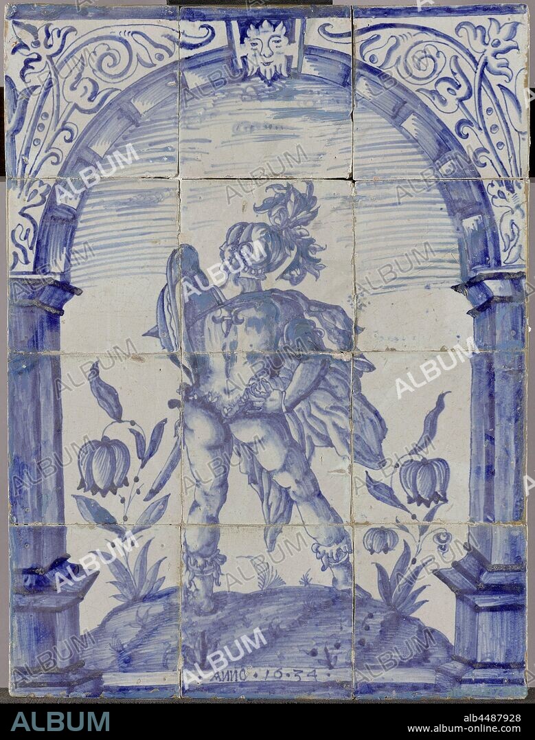 Tile panel with Marcus Valerius Corvus, Tile panel of twelve blue painted tiles (4 x 3) with the Roman hero Marcus Valerius Corvus seen in armor on the back, standing on a ground between plants. He stands under an arch with a mask as the keystone and floral scrolls in the turns. At the bottom of the inscription: .ANNO. 16.34, (story of) Marcus Valerius Corvus (Corvinus), anonymous, Holland, 1634, earthenware, tin glaze, h 54 cm × w 40.7 cm × d 3 cm.