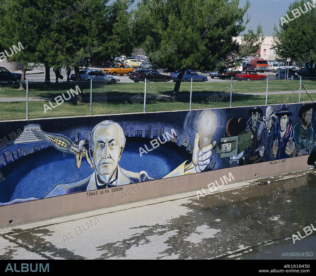 USA, California, Great Wall of Los Angeles Mural, #17 - Thomas Alva Edison, by Judith Francisca Baca, b. 1946 American.