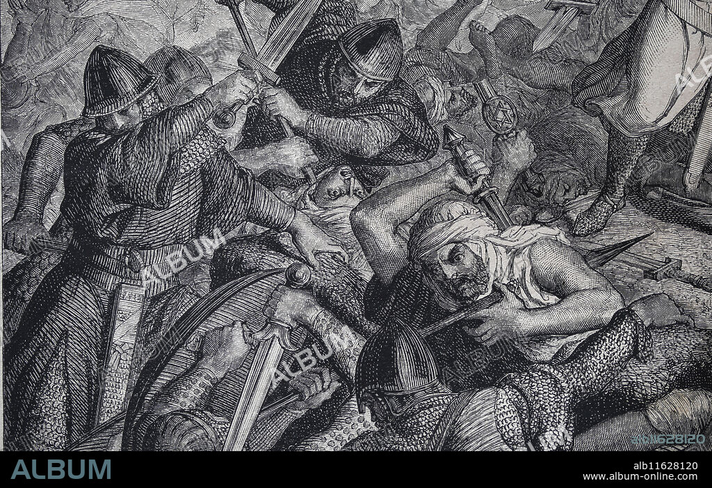 Spain. Conquest of Valencia. El Cid (1043-1099). Battle of Cuarte, 1094. Christians and Moorish army. Engraving by J. Severini. The Illustration, 1884, Spain.