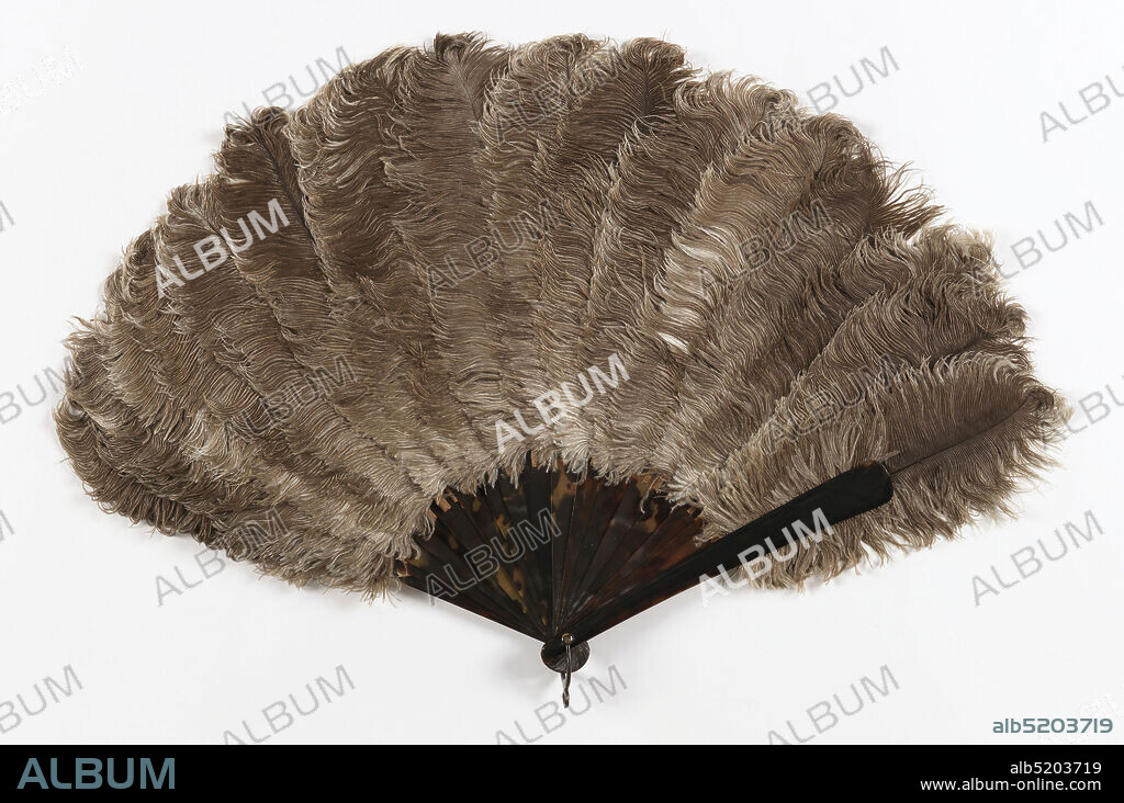 Brisé fan, Ostrich feathers, tortoise shell sticks, silk ribbon, Brisé fan. Natural-colored, uncurled ostrich feathers applied to sticks which are tortoise shell to the shoulder; the remainder to the tip is whale bone to which the feathers are attached with thread. Brown satin ribbon., USA, 18801900, costume & accessories, Brisé fan.