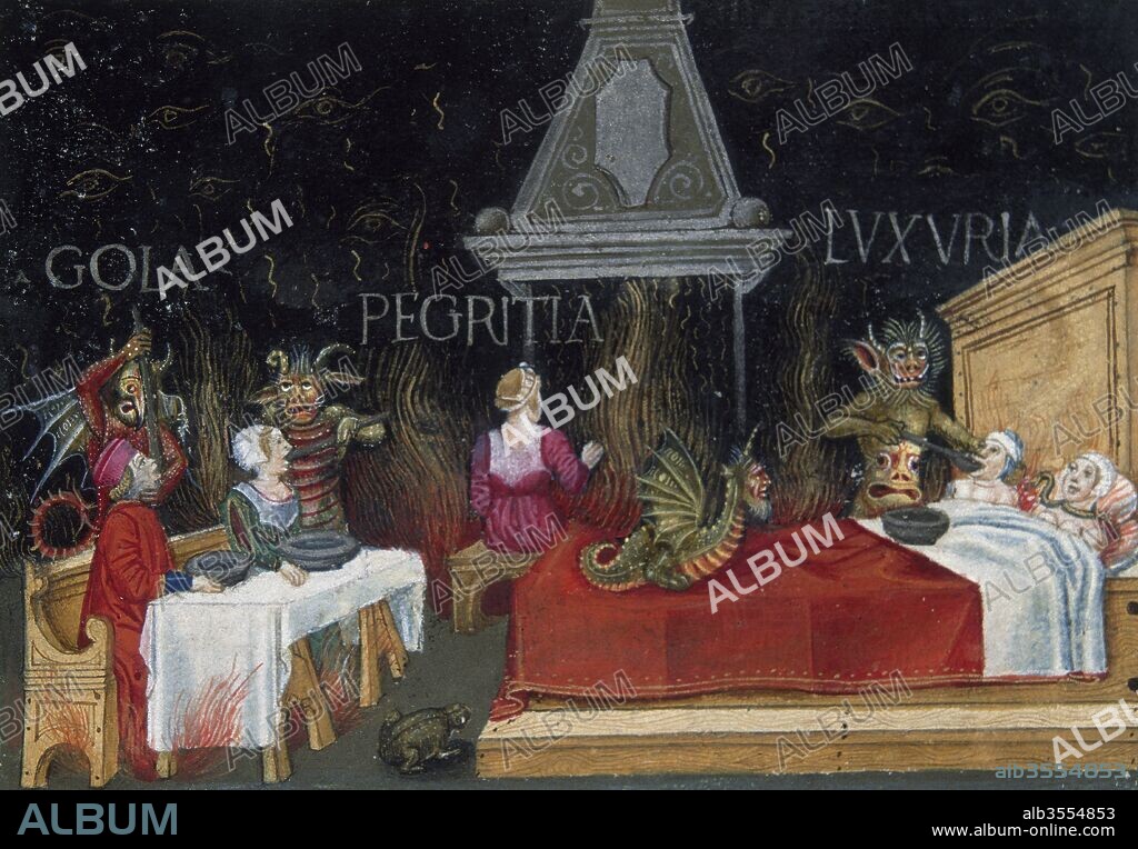 El Fin del Mundo y el Juicio Universal: Las penas del infierno para los lujuriosos, perezosos y glotones. Página miniada del Códice de Predis. Renacimiento-Quattrocento (siglo XV). Biblioteca Real. Turín. Italia.