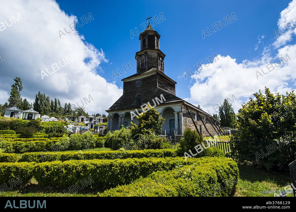 The wooden church of Nercon, UNESCO World Heritage Site, Chiloe, Chile, South America.