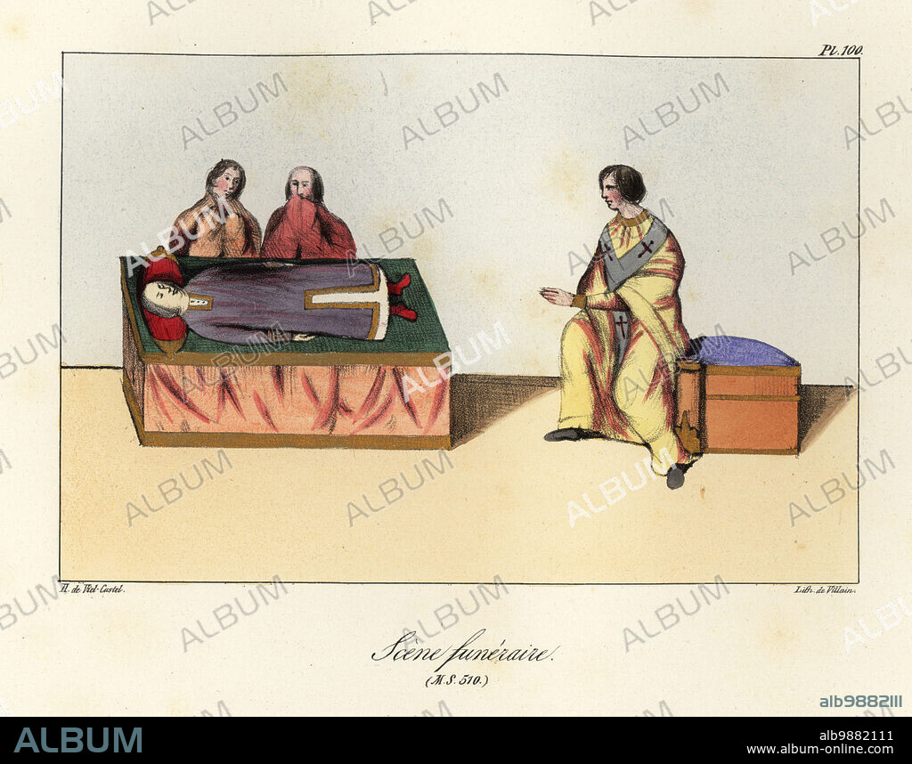 Two mourners praying over a dead body on a bier with a priest, funeral scene, 9th century. From illuminated manuscript 510 by Gregory of Nazianzus. Scene funeraire MS 510. Handcoloured lithograph by Villain after an illustration by Horace de Viel-Castel from his Collection des costumes, armes et meubles pour servir à l'histoire de la France (Collection of costumes, weapons and furniture to be used in the history of France), Treuttel & Wurtz, Bossange, 1827.