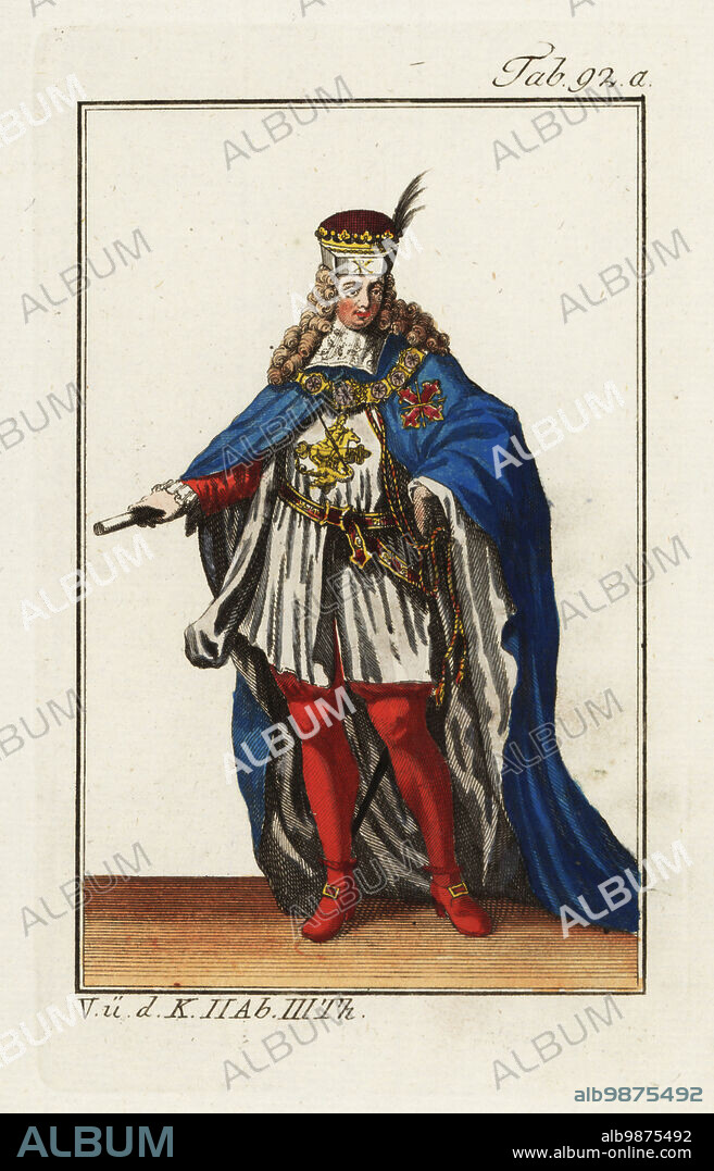 Knight of the Order of Constantine in ceremonial robes of blue mantle, white tunic and scarlet hose. Said to have been founded in AD343 by the Roman emperor Constantine. It received its official rules and statutes in 1190 from Isaac-Angelus Commenus, Emperor of Constantinople. The sign of the order is a red cross made up of four fleur-de-lis surrounded by a border of gold. Copied from an illustration by Christoph Weigel in Philipp Bonannis Ritter-Ordern, 1728. Handcolored copperplate engraving from Robert von Spalart's Historical Picture of the Costumes of the Principal People of Antiquity and Middle Ages, Vienna, 1802.