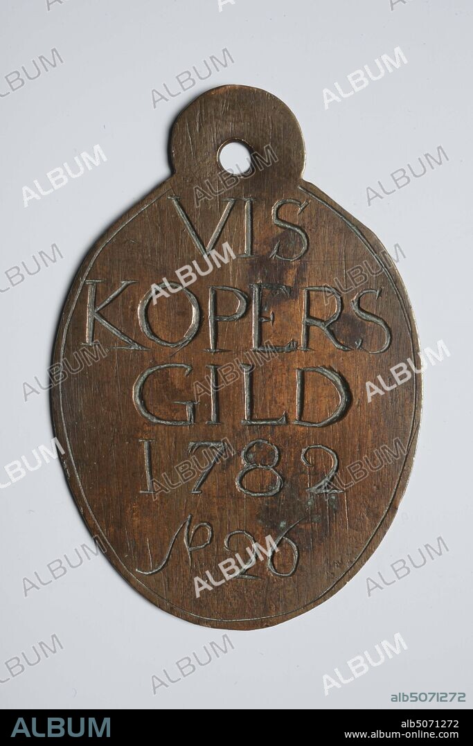 ID badge, Anonymous, 1782, engraved, General: 5.9 x 3.9 x 0.1cm (59 x 39 x 1mm), Weight: 11.8g, coat of arms (mark), Copper medal of the fish buyers guild 1782. This guild medal is oval in shape with a protruding round lip with hole at the top. On the front the inscription: VIS KOPERS GILD 1782 No 276. On the back a cartouche of curly tendrils containing the Leiden keys, 1908.