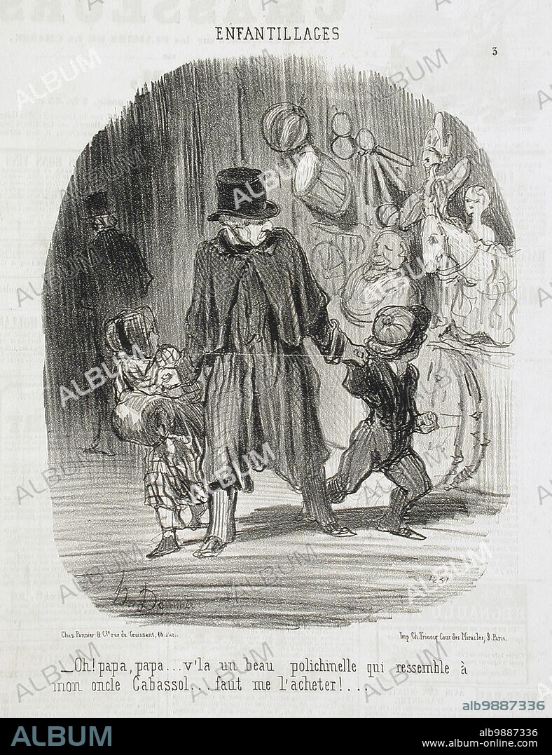 HONORÉ DAUMIER. Oh! Papa, Papa...v'là un beau polichenelle.., 1851. - 'Oh! papa, papa...v'là un beau polichinelle qui ressemble à mon oncle Cabassol...faut me l'acheter!...'. Boy looking in toyshop window: 'Oh! daddy, daddy... there's a beautiful Punch puppet who looks like my uncle Cabassol... you have to buy him for me!...'. Series: Enfantillages; Periodical: Le Charivari, 26 December 1851.