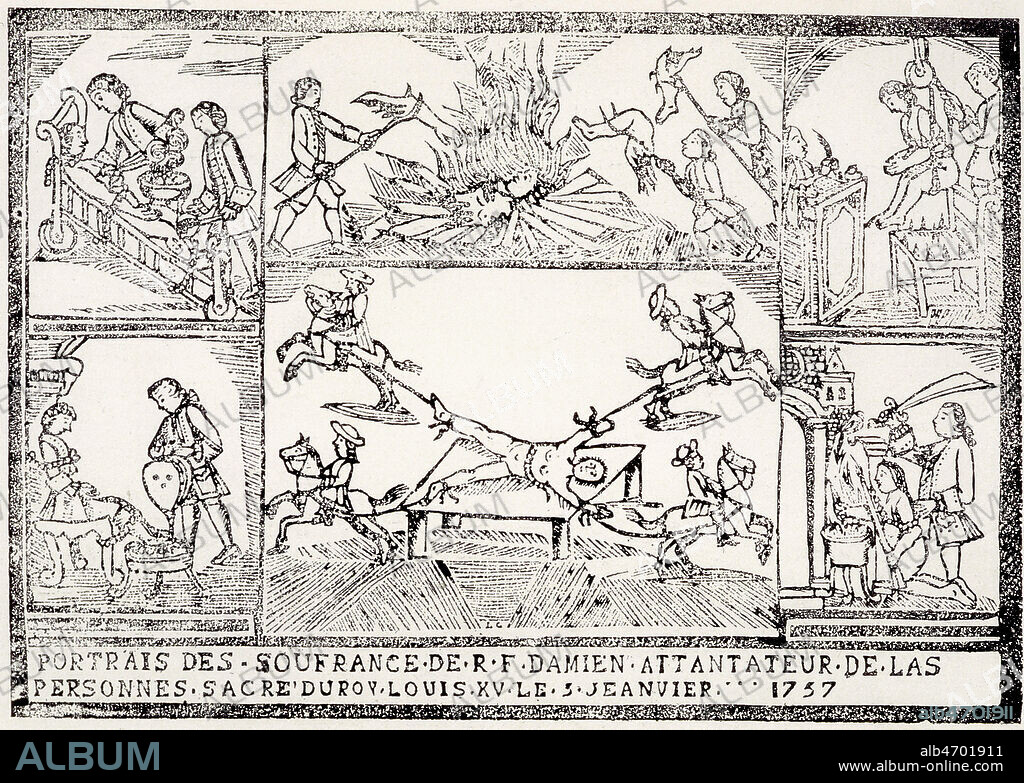 Image populaire retracant le supplice de DAMIENS ecartele en Place de Greve, Attentat du domestique DAMIENS contre Louis XV, en janvier 1757. Gravure du temps. Credit Collection Kharbine Tapabor.