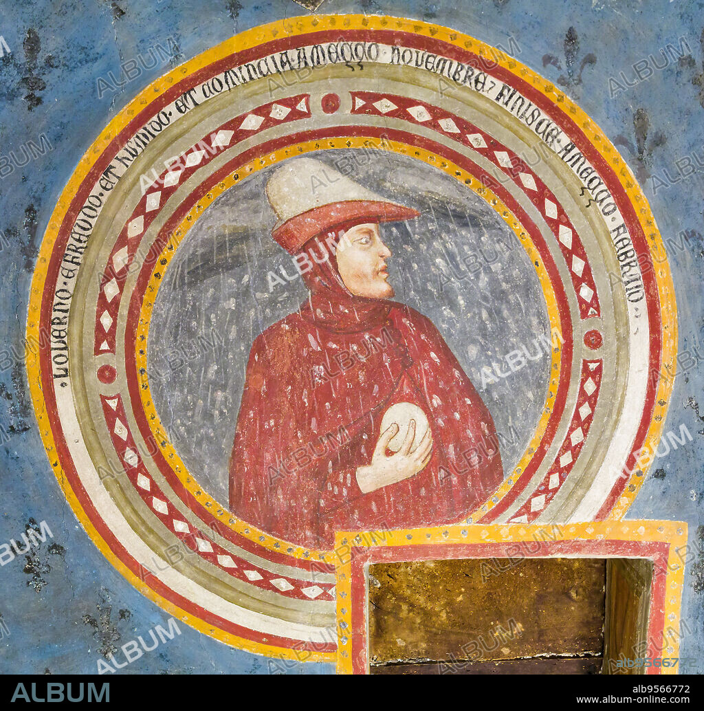 Winter, fresco attributed to Cristoforo di Bindoccio and Meo di Piero, 14th century in the Room of the Four Seasons.. Asciano (SI), Civic Museum of Archeology and Sacred Art in Corboli Palace.
