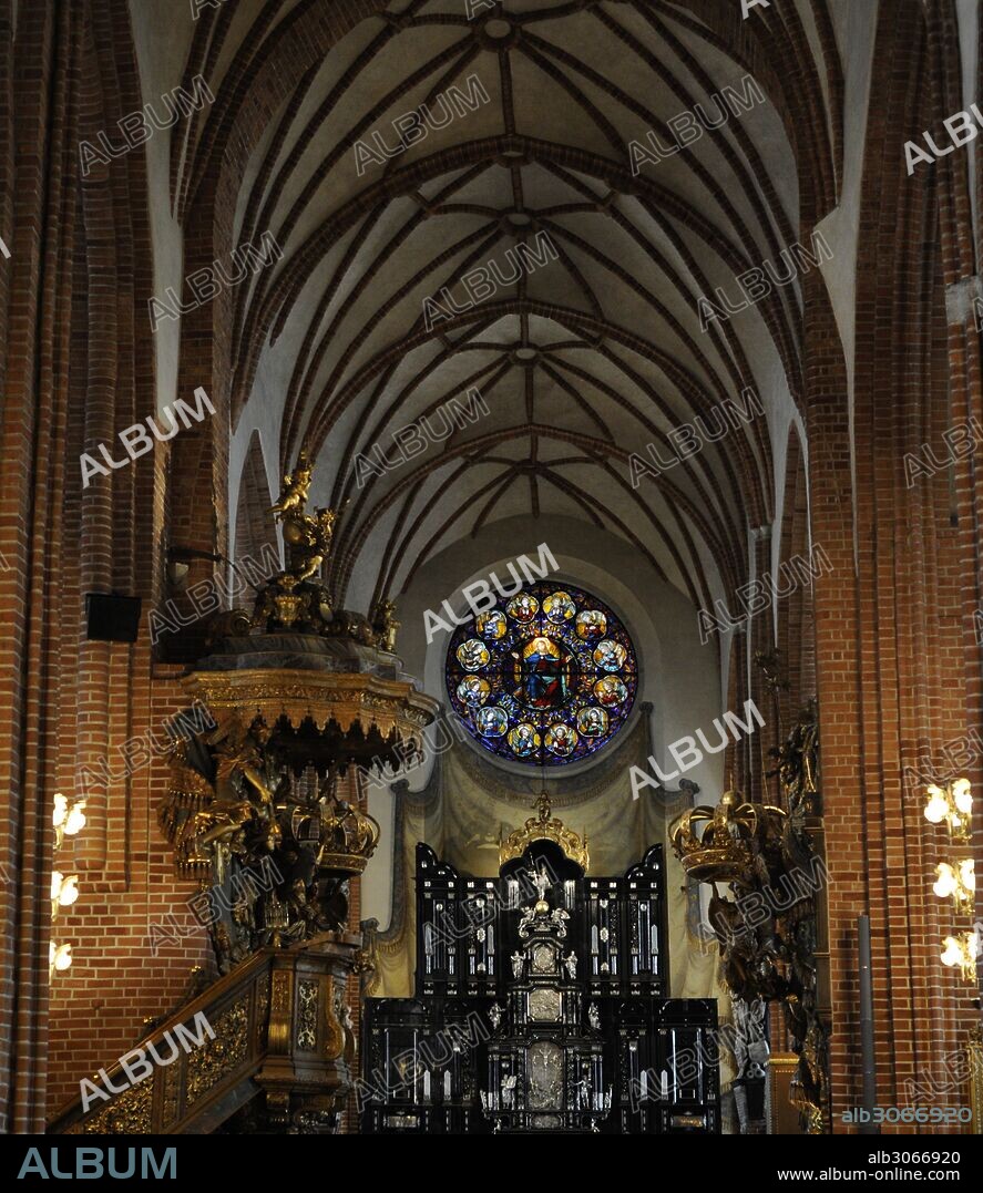 Sweden, Stockholm. Storkyrkan (Saint Nicholas Cathedral), also called Stockholms domkyrka (Stockholm Cathedral). Inside view. Altarpiece of the main altar, 1650, by Eustachius Erdmuller. The altarpiece, so-called silver altarpiece, was donated by Margareta Pedersdotter, widow of Johan Adler Salvius, in 1652.