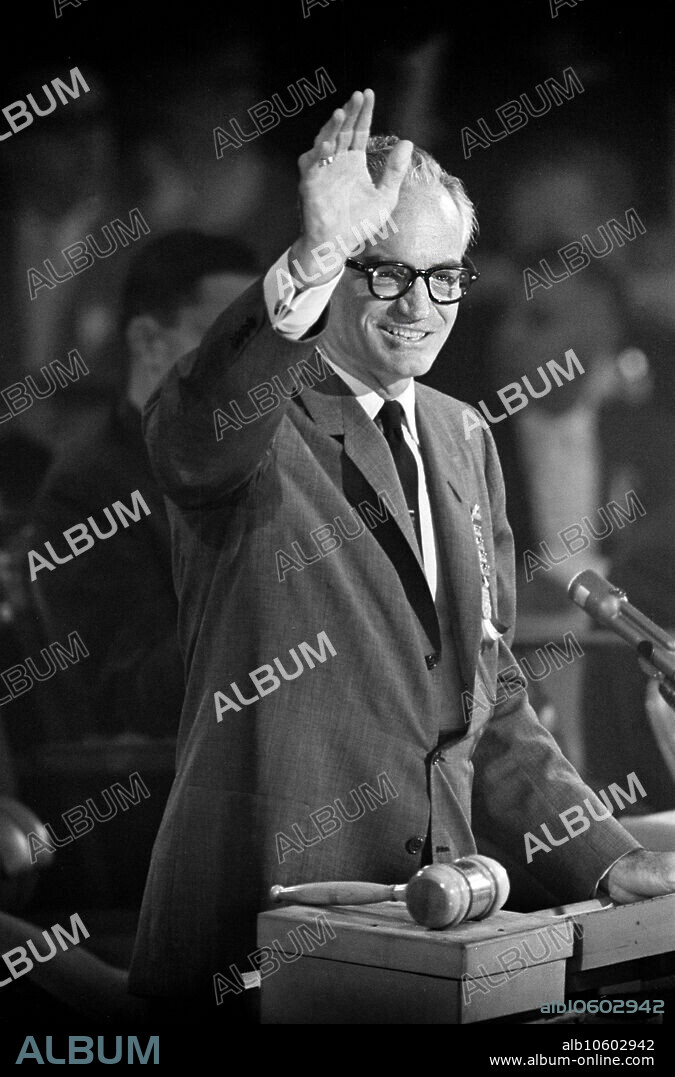 U.S. Senator Barry Goldwater waving from rostrum during Republican National Convention, Chicago, Illinois, USA, Thomas J. O'Halloran, U.S. News & World Report Magazine Photograph Collection, July 27, 1960.