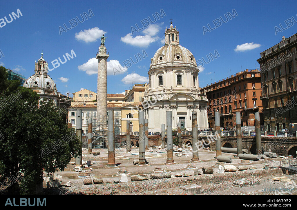 Italy. Rome. Forum of Trajan.  Trajan's Column, ruins of Basilica Ulpia and Church of Santo Apostolli.